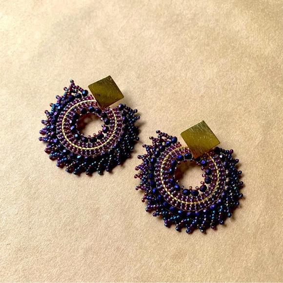 Mexican Beaded Handmade Purple Gold Statement Earrings - Picture 1 of 6